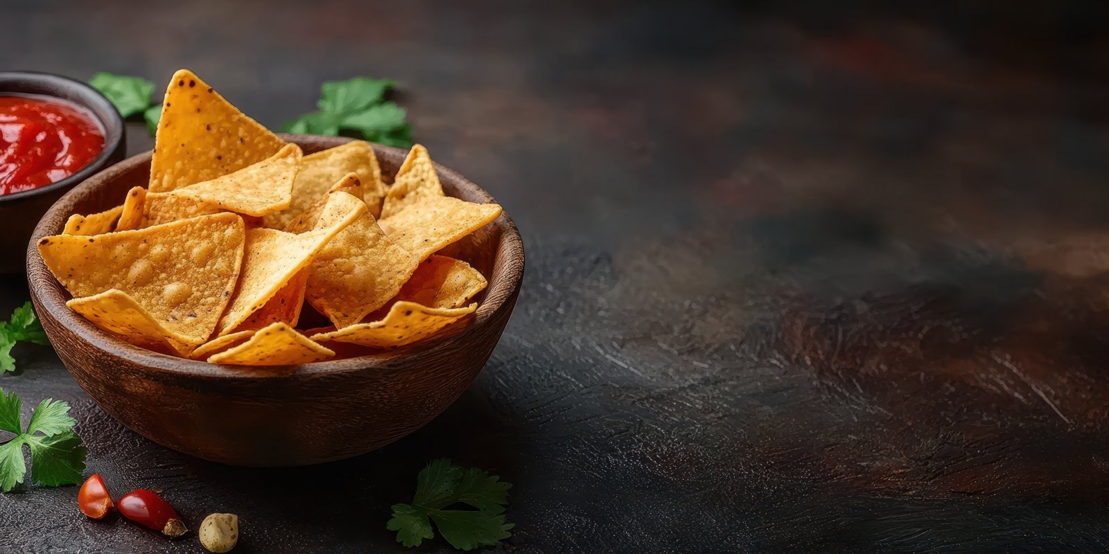 Crunchy tortilla chips served in a wooden bowl with salsa on a dark rustic background